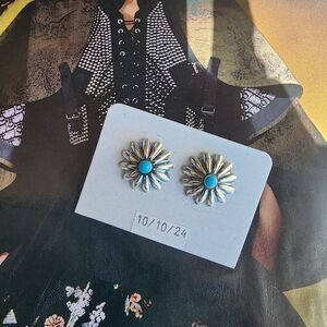 Sterling Silver Flower Earrings with Sleeping Beauty Turquoise In The  Center